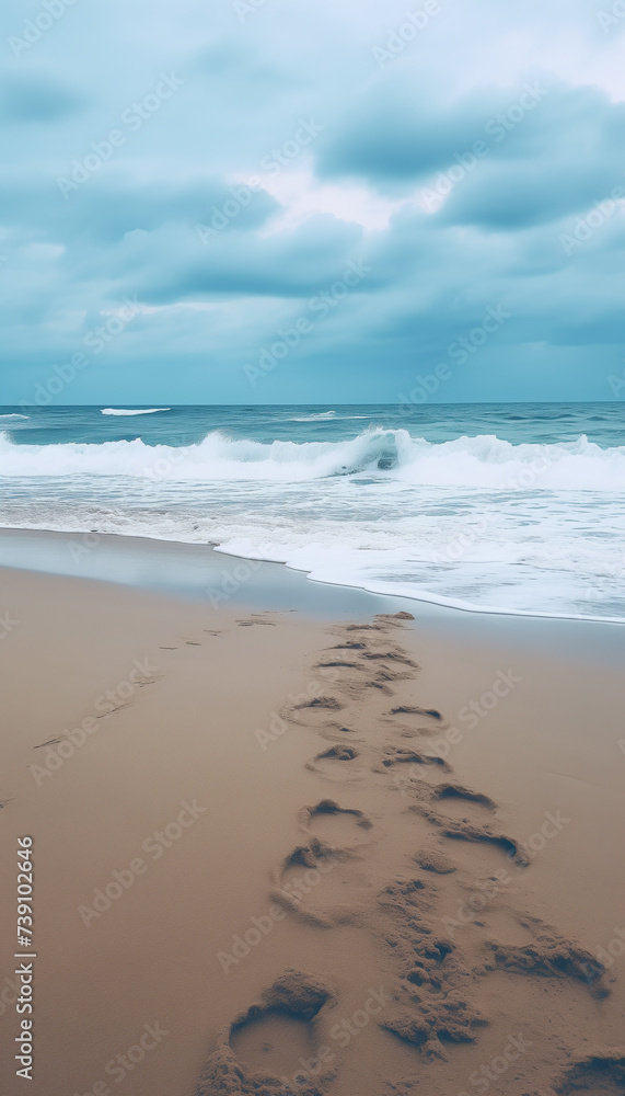 Sandy beach in nasty weather with big waves, stormy sea landscape with copyspace