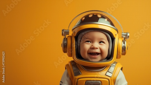 baby dressed as an astronaut on a yellow background.