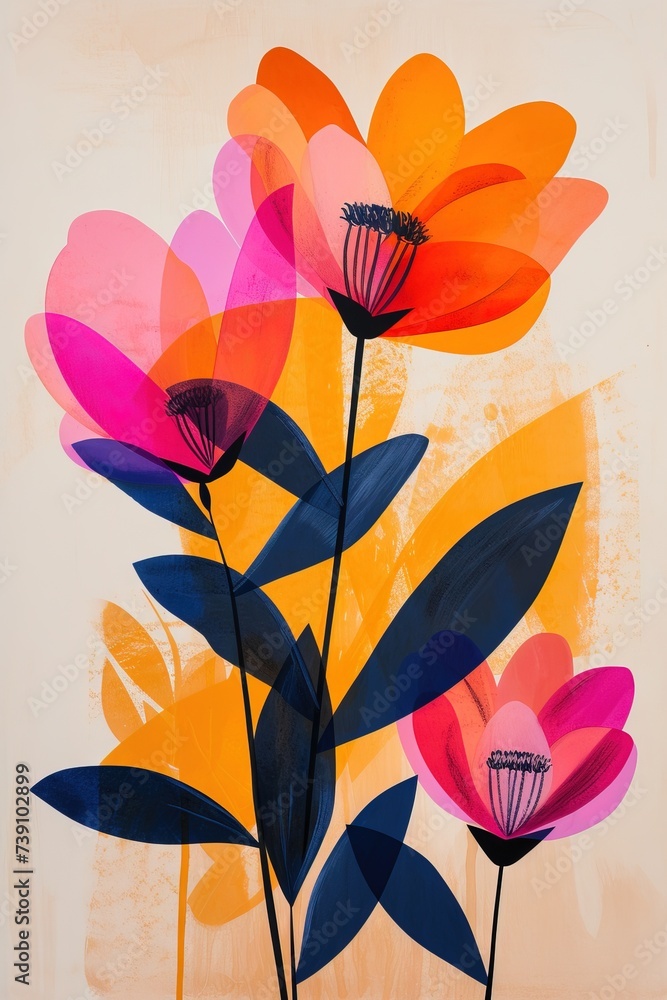 custom made wallpaper toronto digitalA colorful flower design on a beige background. A vibrant and whimsical painting of a coquelicot flower, drawn by a child, on a neutral beige backdrop