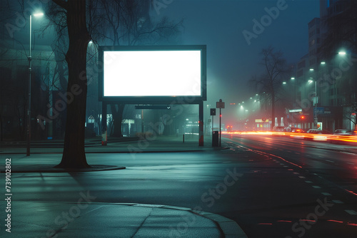 Blank advertisement board in the urban at nighttime. Billboard in the city street mockup. Generative AI image.