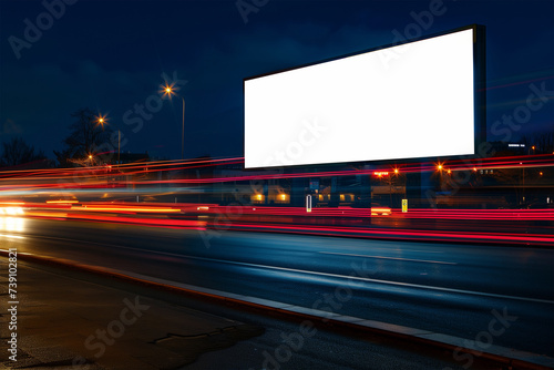 Blank advertisement board on the road in the nighttime. white billboard in the highway. Generative AI image.