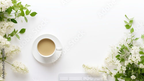 Top View of trendy White Office Desk with white Cropped Laptop Tablet Telephone Earphones Electronics and green Flower