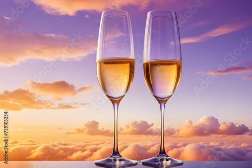 Two champagne glasses perched elegantly side by side, delicate stems visible against a panoramic backdrop of billowing white clouds, sky gradient of orange to purple dusk tones. Generative AI