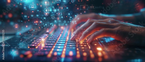 The hands of a data protection officer typing on a futuristic keyboard with holographic data privacy controls floating above, symbolizing the proactive measures taken photo