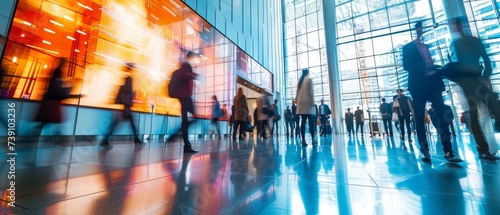 Fast movement and blurred business people in A bustling corporate lobby with business professionals networking, exchanging ideas beside a digital interactive wall displaying real-time market analytics