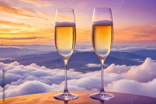 Two champagne glasses perched elegantly side by side, delicate stems visible against a panoramic backdrop of billowing white clouds, sky gradient of orange to purple dusk tones. Generative AI
