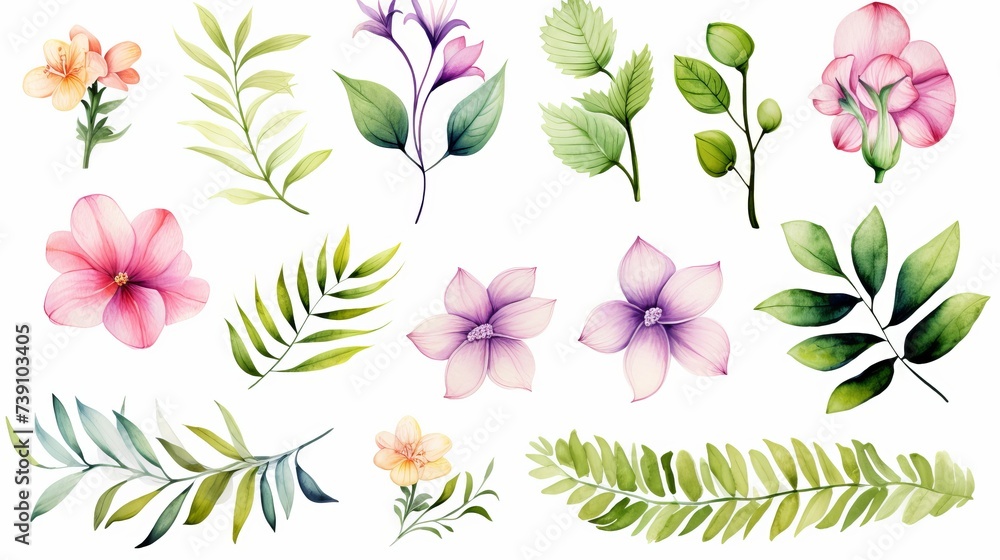 Watercolor set. Colorful tropical floral collection with leaves and flowers, drawing watercolor on the white background. Spring or summer design for invitation, wedding or greeting cards