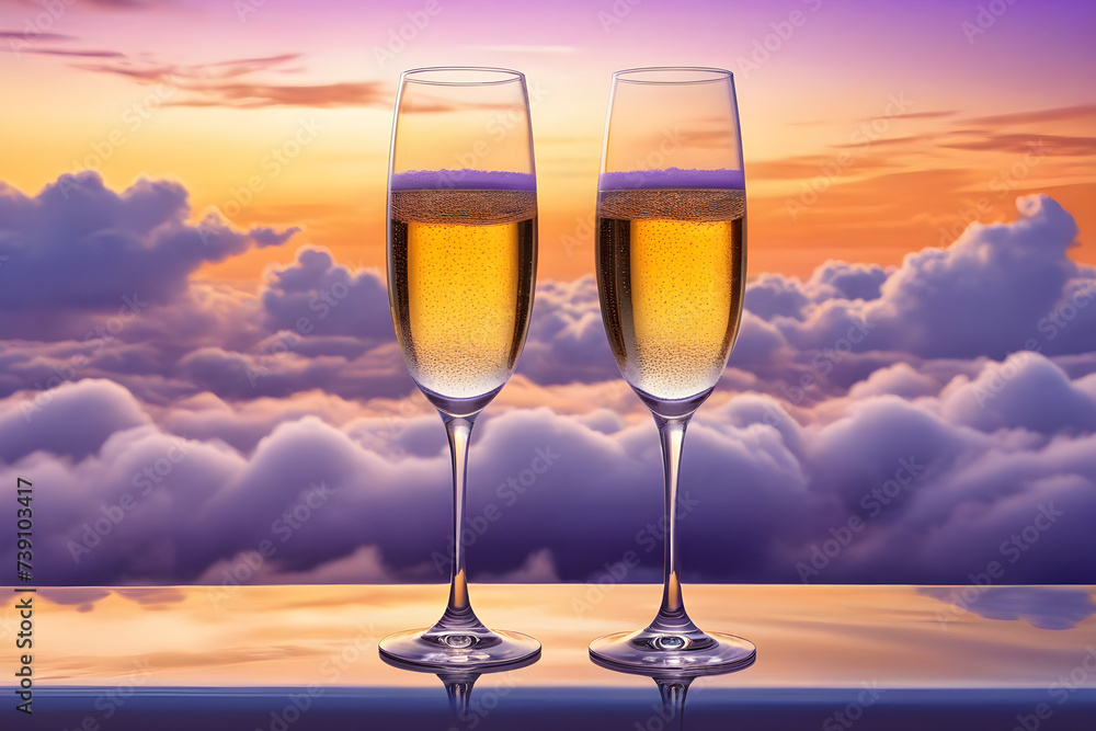 Two champagne glasses perched elegantly side by side, delicate stems visible against a panoramic backdrop of billowing white clouds, sky gradient of orange to purple dusk tones. Generative AI Two champagne glasses perched elegantly side by side, delicate stems visible against a panoramic backdrop of billowing white clouds, sky gradient of orange to purple dusk tones. Generative AI