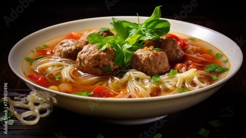 Soup made with vermicelli, vegetables, and meatballs