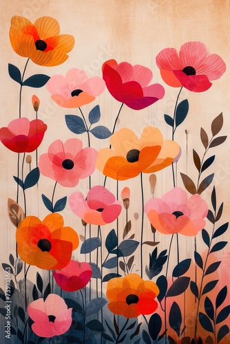 A colorful flower design on a beige background. A vibrant and whimsical painting of a coquelicot flower, drawn by a child, on a neutral beige backdrop © MiniMaxi