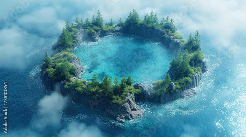 Enchanted Island Oasis: Serene Aerial View of a Lush Circular Island and Turquoise Water