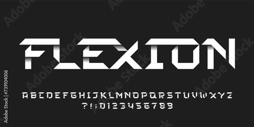 Flexion alphabet font. Futuristic geometric letters and arabic numerals. Suitable for logos. Vector illustration for your design.