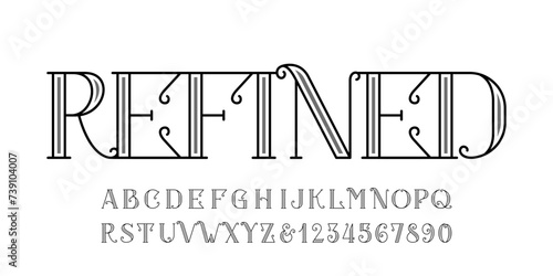 Refined alphabet font. Elegant typeface in outline style. Letters and numbers. Suitable for logos. Vector illustration for your design.