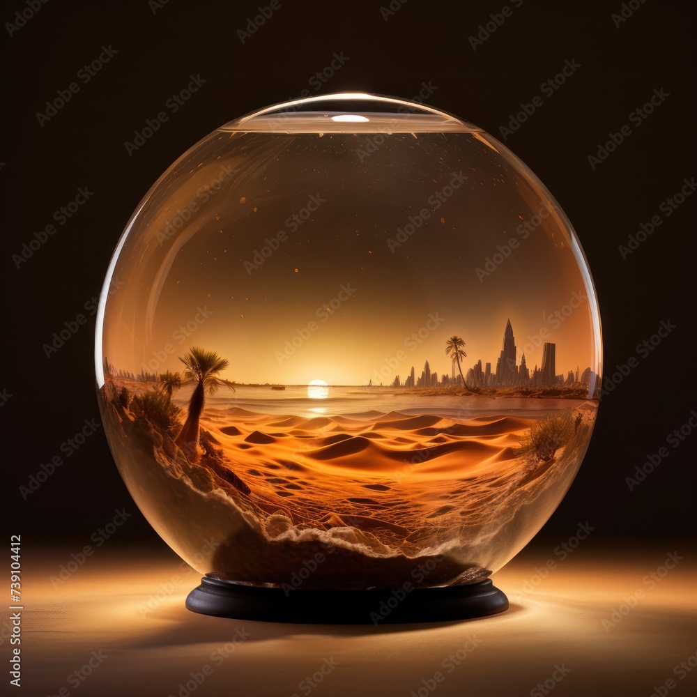 A crystal orb with a desert landscape serving as its background A crystal orb with a desert landscape serving as its background