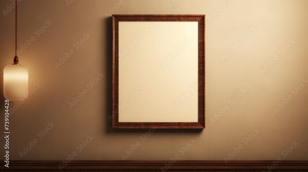 A dark wood portrait picture frame hanging on a blank wall A dark wood portrait picture frame hanging on a blank wall
