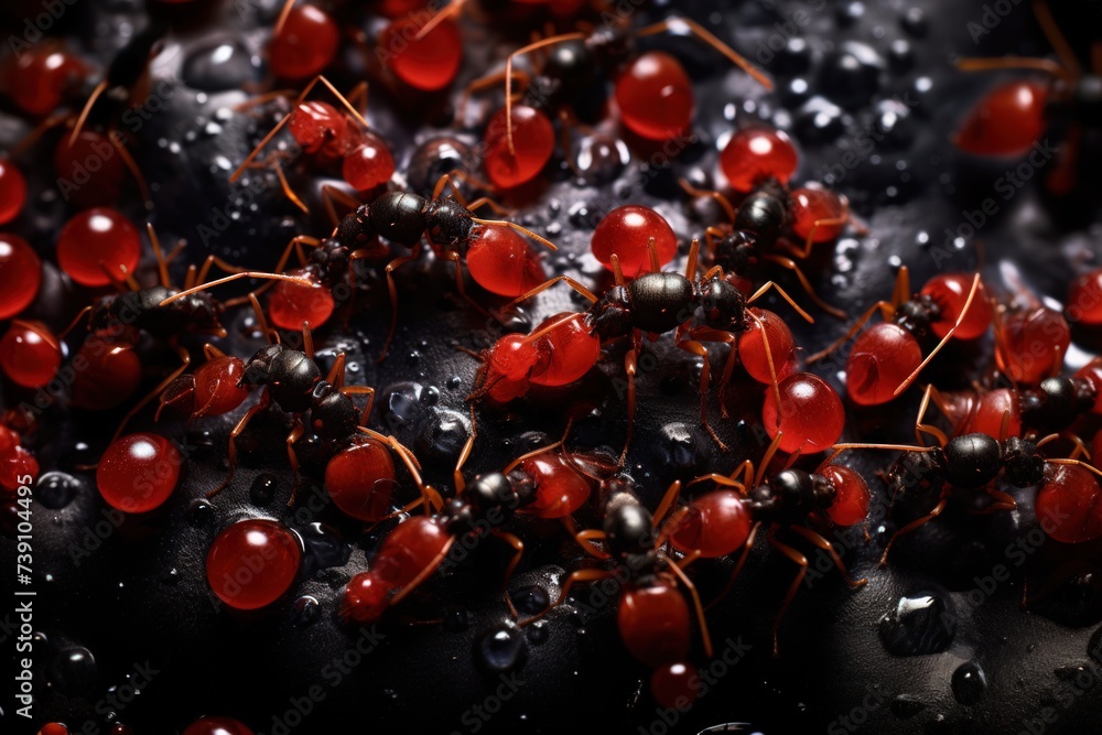 Ants savoring nectar, observed from a top view. Ants savoring nectar, observed from a top view.
