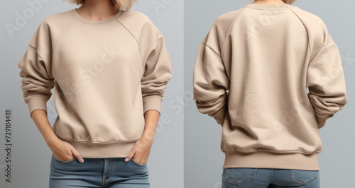 A woman in jeans is wearing a front and back sweatshirt mockup.