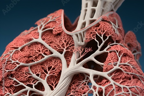 Closeup of detailed anatomy of the respiratory system and lungs. Concept Human Anatomy, Respiratory System, Lungs, Detailed Closeup, Medical Illustration photo
