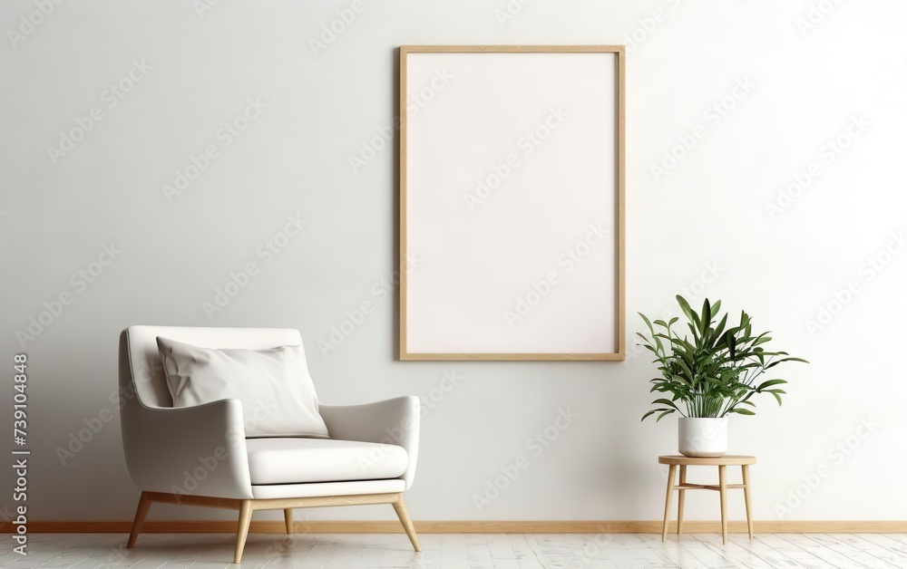 Blank wooden picture frame mockup on off white wall in modern interior. Vertical artwork template mock up for artwork, painting, photo or poster in interior design, chair, green plants. AI Generative. Blank wooden picture frame mockup on off white wall in modern interior. Vertical artwork template mock up for artwork, painting, photo or poster in interior design, chair, green plants. AI Generative.