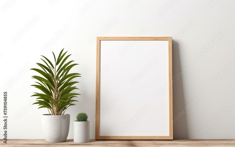 Blank wooden picture frame mockup on off white wall in modern interior. Vertical artwork template mock up for artwork, painting, photo or poster in interior design with green plants. AI Generative. Blank wooden picture frame mockup on off white wall in modern interior. Vertical artwork template mock up for artwork, painting, photo or poster in interior design with green plants. AI Generative.