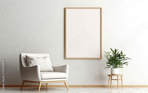 Blank wooden picture frame mockup on off white wall in modern interior. Vertical artwork template mock up for artwork, painting, photo or poster in interior design, chair, green plants. AI Generative. © your_inspiration