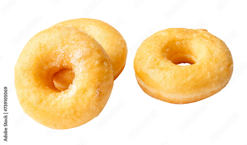 Front view set of three delicious Cinnamon Sugar Mini Donuts isolated with clipping path in png file format. Donuts with sugar sprinkle Front view set of three delicious Cinnamon Sugar Mini Donuts isolated with clipping path in png file format. Donuts with sugar sprinkle
