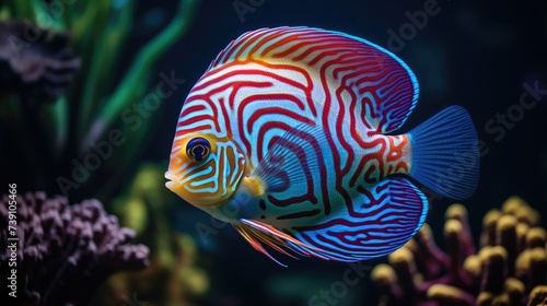 Symphysodon discus fish displays dazzling patterns and colors near vibrant coral reefs, Ai Generated.