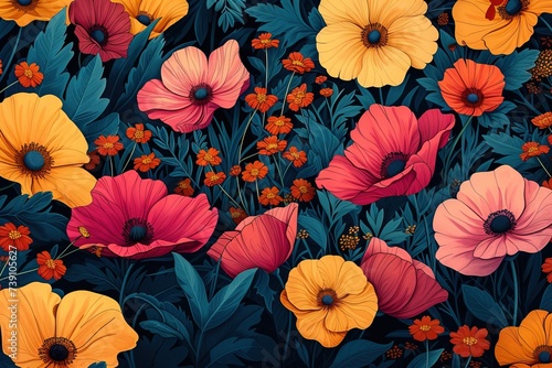 Wallpaper Mural A colorful flowers in a field. Vibrant brushstrokes capture the delicate essence of a blooming poppy, as it stands tall among a sea of colorful annuals in a picturesque field painting Torontodigital.ca