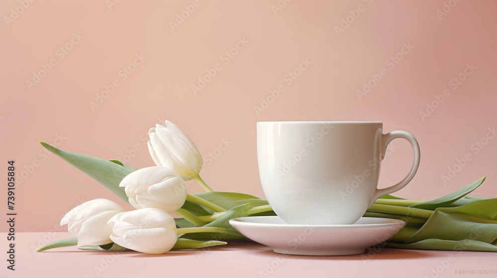 coffee cup, white tulips, and a single egg on pastel pink. Ai Generated coffee cup, white tulips, and a single egg on pastel pink. Ai Generated