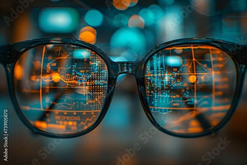 Focus on Stock Market Data Visualization: Close-Up of Eyeglasses and Digital Screen © Tonton54