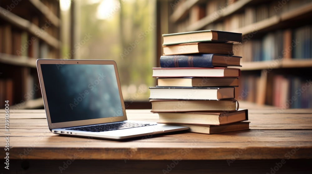 A stack of books accompanied by a laptop on a rustic wooden table. Ai Generated A stack of books accompanied by a laptop on a rustic wooden table. Ai Generated