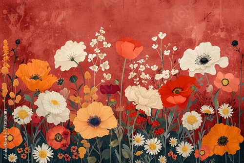 A colorful flowers in a field. Vibrant brushstrokes capture the delicate essence of a blooming poppy  as it stands tall among a sea of colorful annuals in a picturesque field painting
