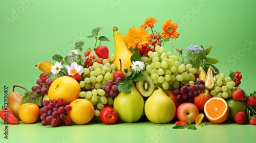A vibrant and healthy mix of fresh fruits and flowers on a lively green backdrop. Ai Generated