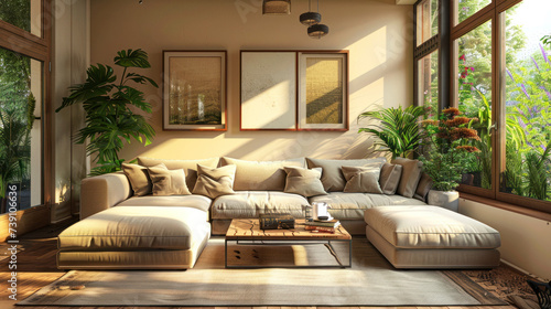 a modern living room, in the style of naturalistic shadows, matte background, light brown and light beige, realistic rendering, nature inspired