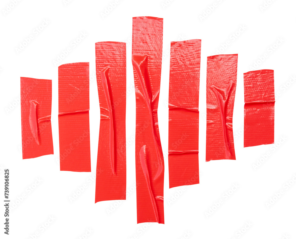 Top view set of red adhesive vinyl tape or cloth tape in stripes shape isolated on white background with clipping path Top view set of red adhesive vinyl tape or cloth tape in stripes shape isolated on white background with clipping path