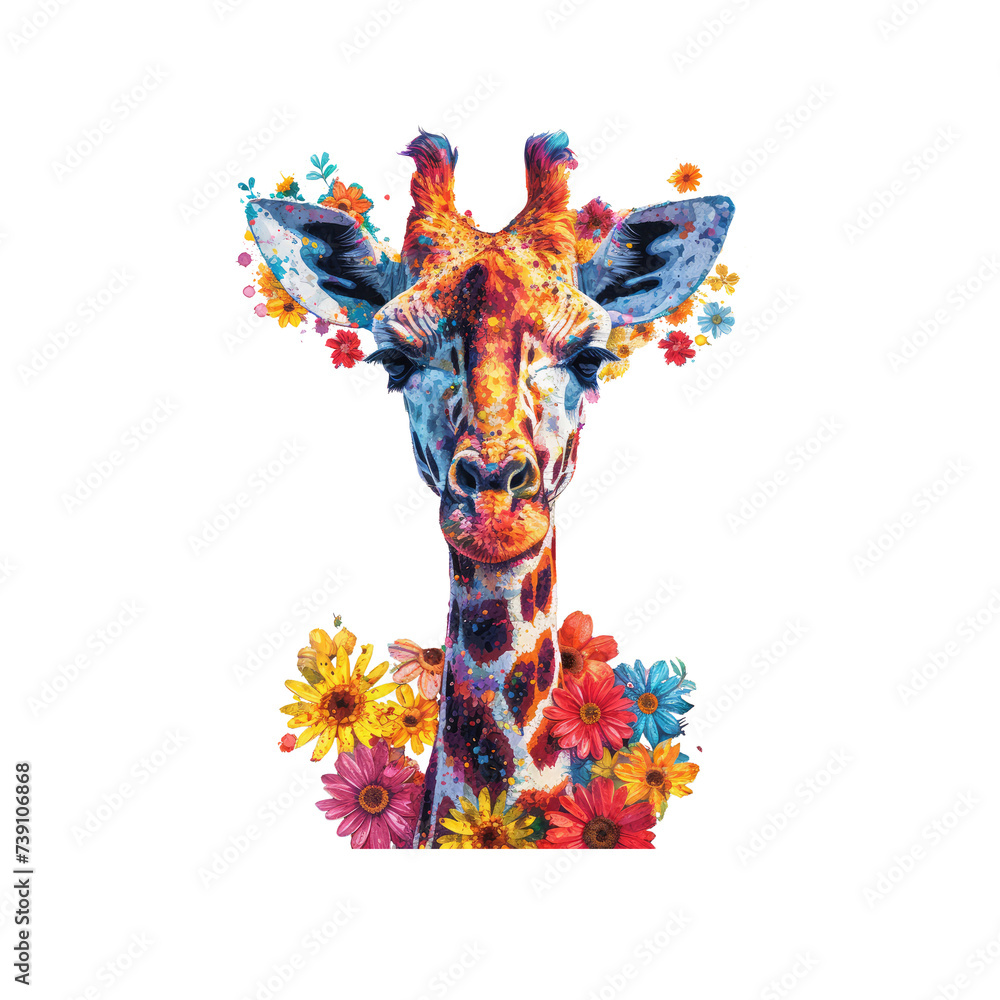 giraf made of flowers water painting vintage vivid colors