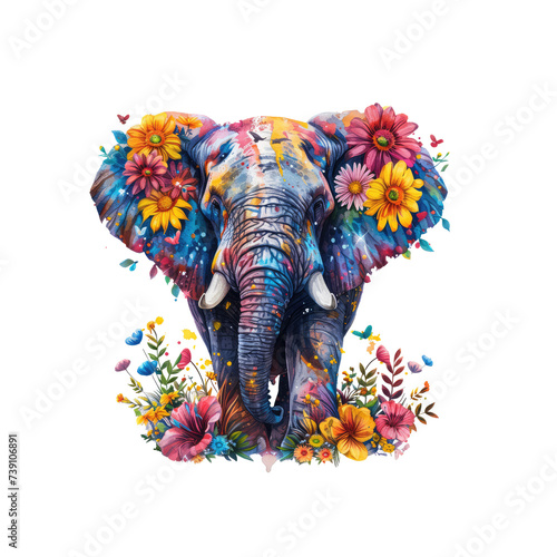 elephant made of flowers water painting vintage vivid colors