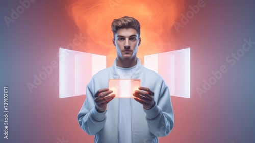 Visionary Young Entrepreneur with Holographic Card - Future of Tech Business