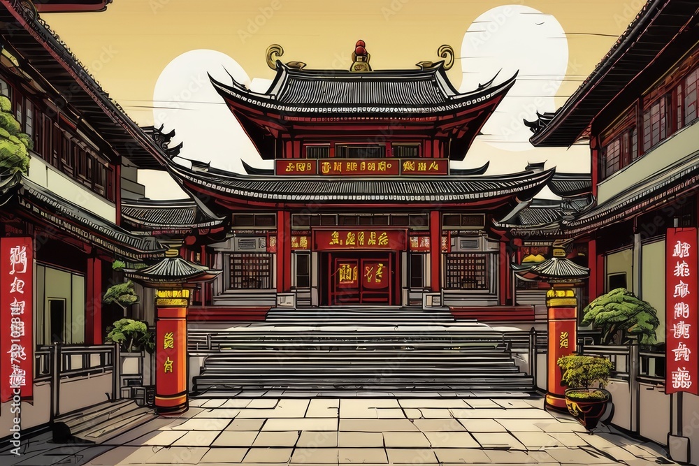 Chinese temple, Generative AI comic style Chinese temple, Generative AI comic style