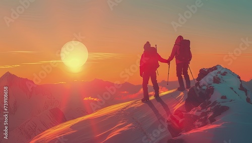 two hikers holding hands on a mountain top at sunset © Eddy Drmwn