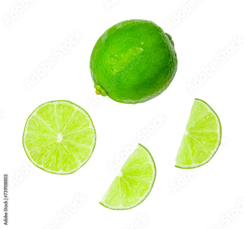 Top view set of green lemon fruit with half and slices isolated with clipping path in png file format