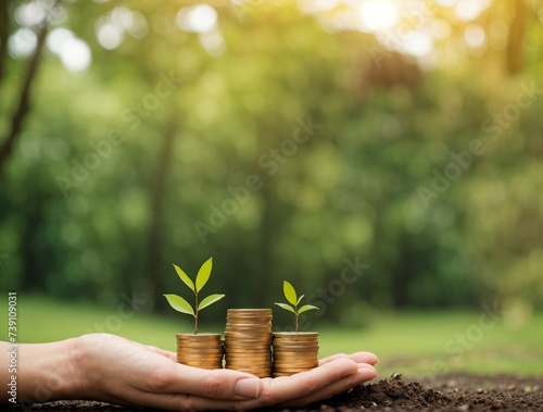 Investment growth concept : hands holding a plant growing for gold coins