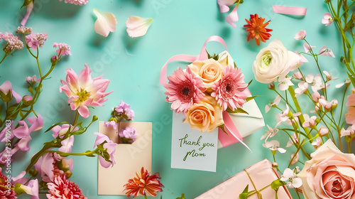 Mother's Day concept with pink flowers, a thank you card, and a beautifully wrapped present. A display of gratitude with blooming carnations.