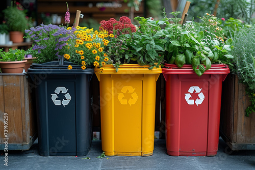 A household with a composting system and separate waste bins for recycling, fostering a zero-waste lifestyle and responsible waste management. Concept of waste reduction. Generative Ai.