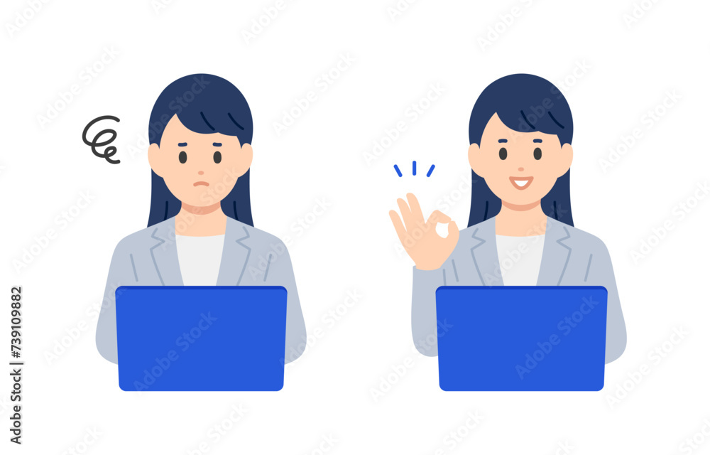 パソコンを見て悩む・OKポーズをするビジネスパーソン女性のセット【人物ベクターイラスト素材】 パソコンを見て悩む・OKポーズをするビジネスパーソン女性のセット【人物ベクターイラスト素材】