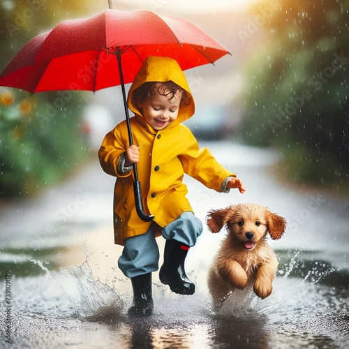 little boy in yellow raincoat and with red umbrella and puppy playing in the puddle in the rain in autumn