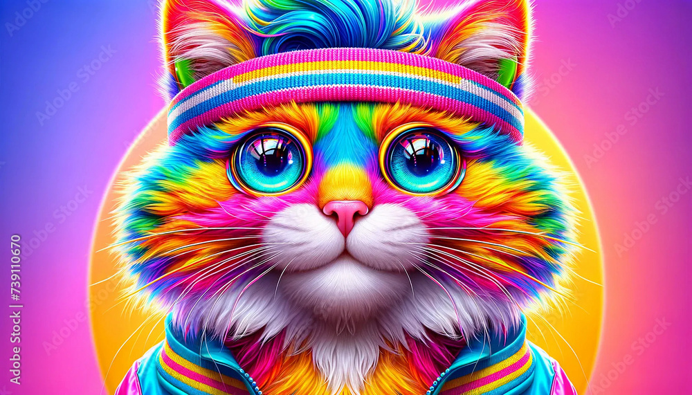  A close-up image of a vibrant, colorful retro cat's face, wearing 80s workout gear, including a neon headband