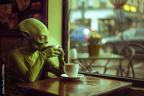 A surreal scene, a green-skinned extraterrestrial casually sips coffee at a bustling cafÃ©, blending seamlessly into human society.