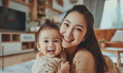 Joyful Mother Holding Happy Baby smile at home