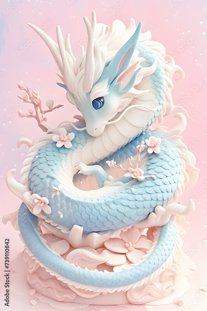 Fototapeta premium パステルカラーのきれいな龍、縁起の良いイラスト